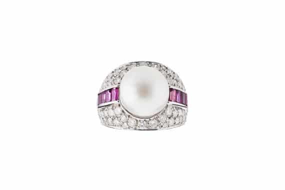 Pearl diamonds and rubies ring